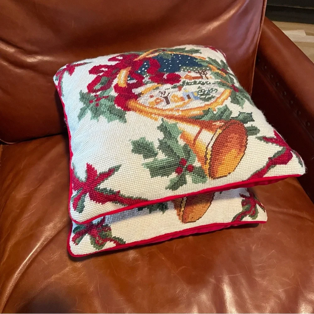 100% Wool Handmade Needle Point 2/Pillow Christmas Cabin French Horn 13x13”